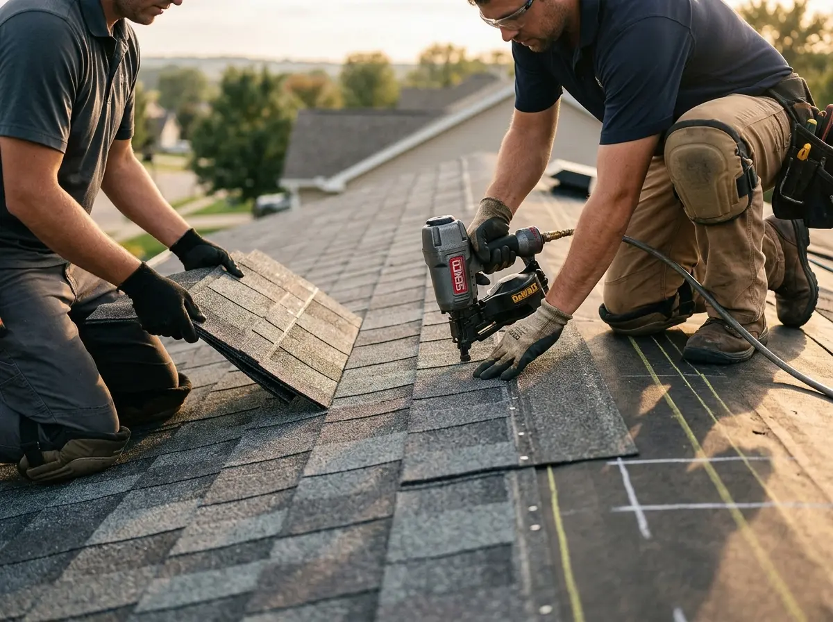 Professional roofer working on a residential roof in Maryland City